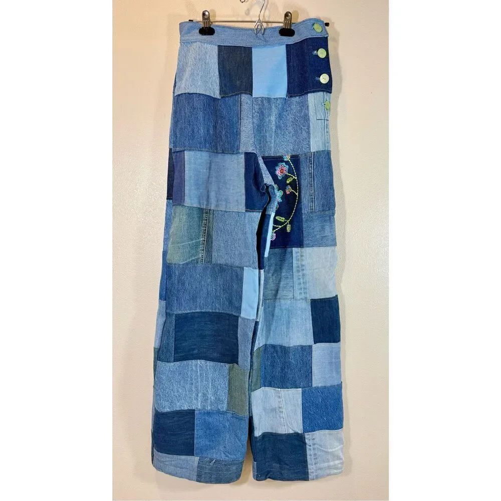 NWOT Vintage Forgotten Saints Upcycled Patchwork Embroidered Wide Leg Jeans M